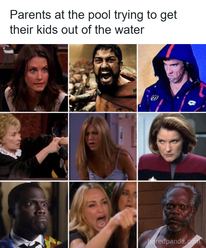 Parents at the pool shown through relatable parenting memes expressing frustration and determination to get kids out of water.