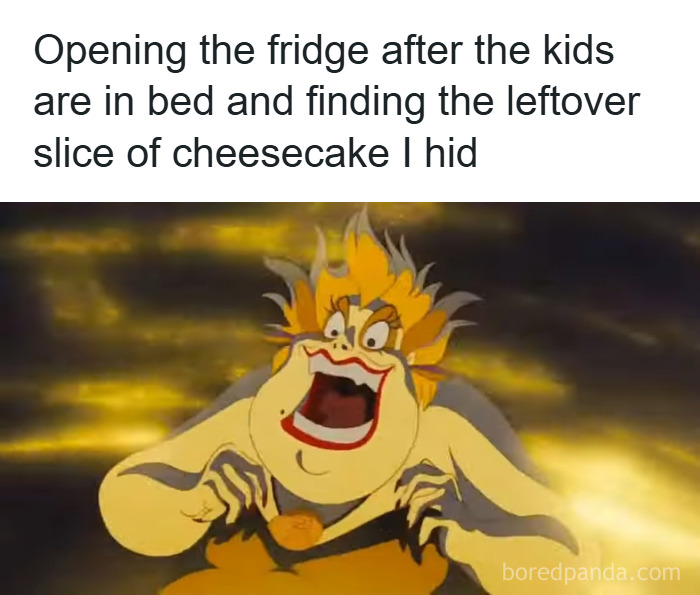 Relatable parenting meme showing excitement of finding hidden cheesecake after kids are asleep, capturing parenting humor.