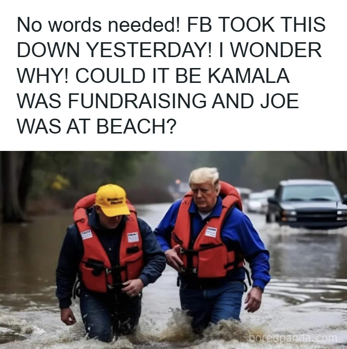 Two men wearing life jackets walk through floodwater, illustrating facepalm moments showing absence of basic logic and common sense.