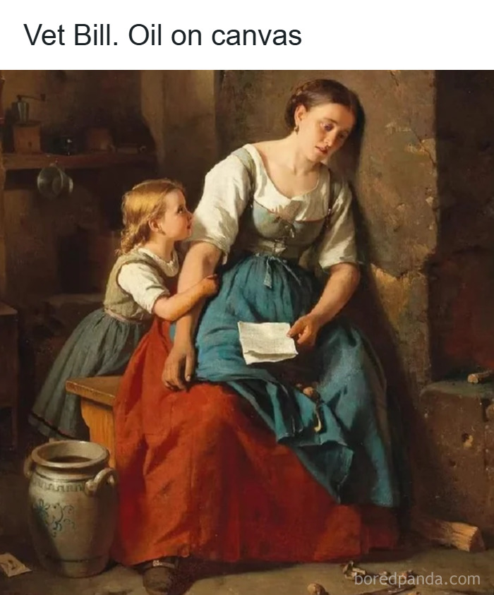 Woman and child in a classical painting, oil on canvas, portrayed with emotional expressions for funny memes.