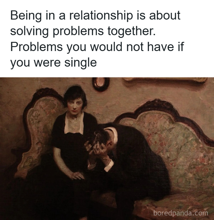 Classical painting showing a somber couple on a vintage couch, humorously captioned about relationship problems and singleness.