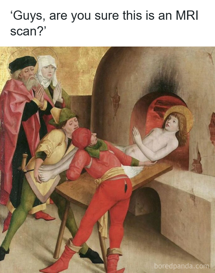 Medieval classical painting humorously captioned, showing figures pulling a person out of an oven in a funny meme style.