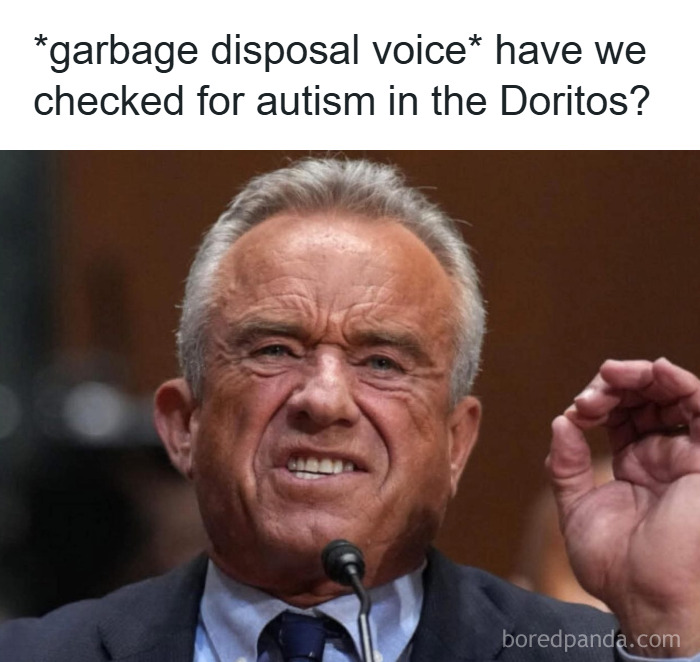 Man grimacing and speaking into a microphone with caption highlighting dystopic society and disturbing cultural references.