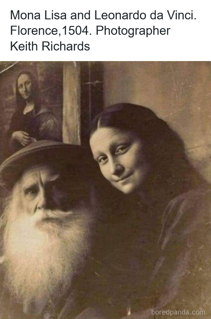 Sepia-toned photo of Leonardo da Vinci and Mona Lisa posing for a clever classical paintings meme selfie.