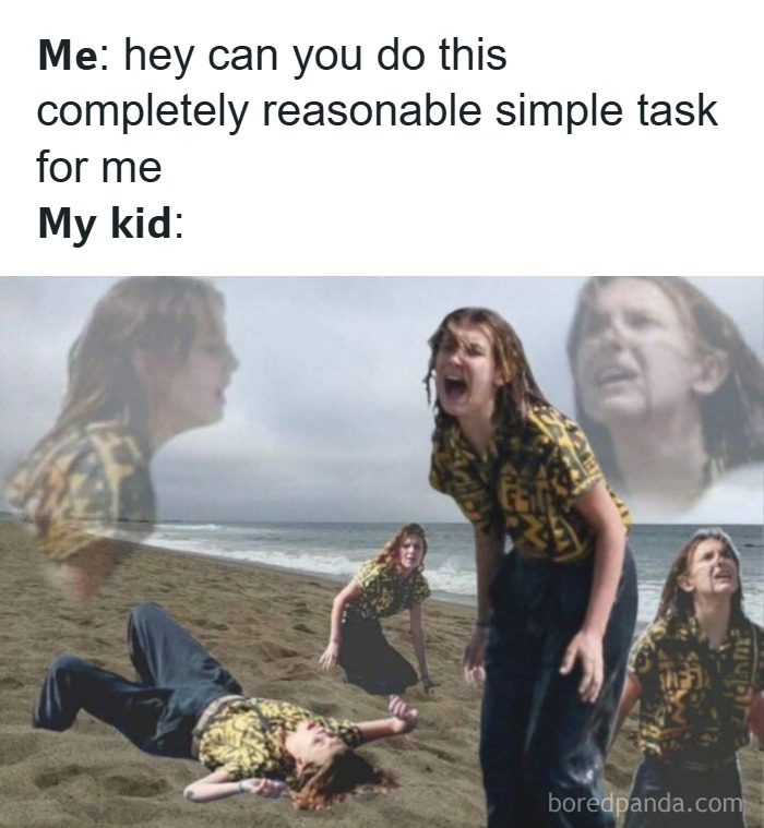 Parenting meme showing a child dramatically refusing a simple task on a beach, relatable parenting humor.