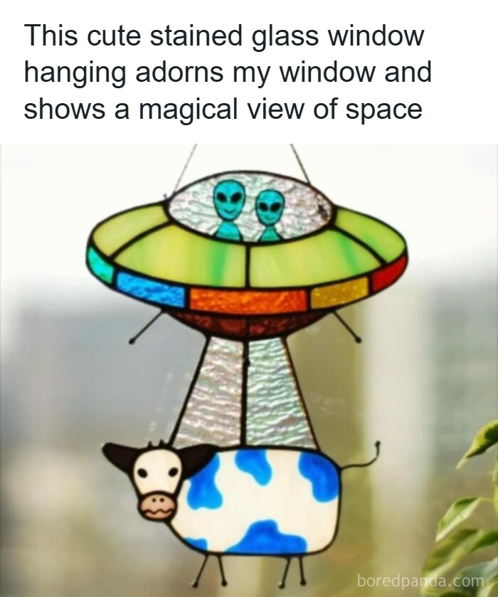 Stained glass window decoration with aliens abducting a cow, one of the weirdest purchases people would make in a heartbeat.