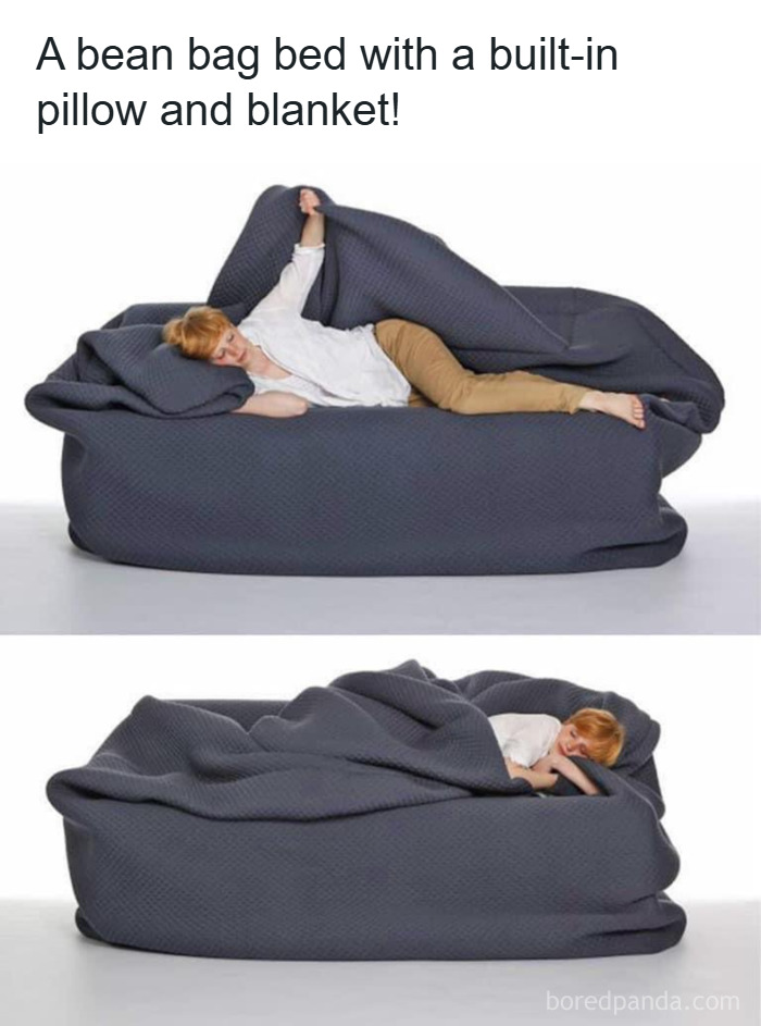 Person lying in a bean bag bed with built-in pillow and blanket, one of the weirdest purchases people want instantly.