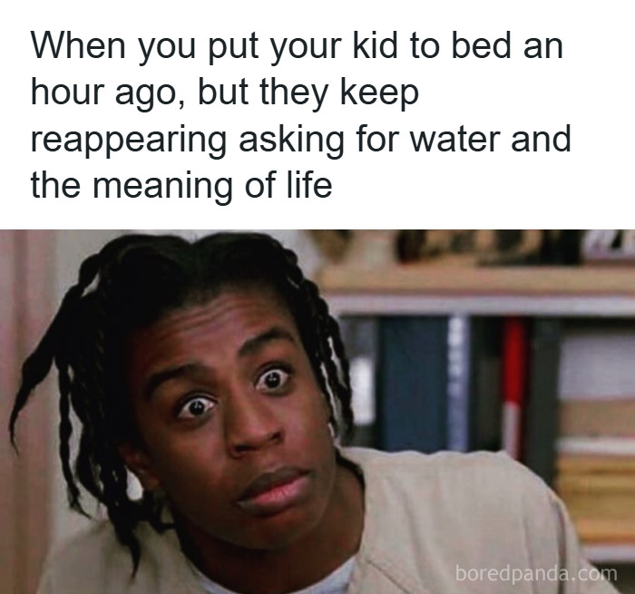 Parent reacting with wide eyes to relatable parenting meme about kids repeatedly asking for water and life meaning after bedtime.