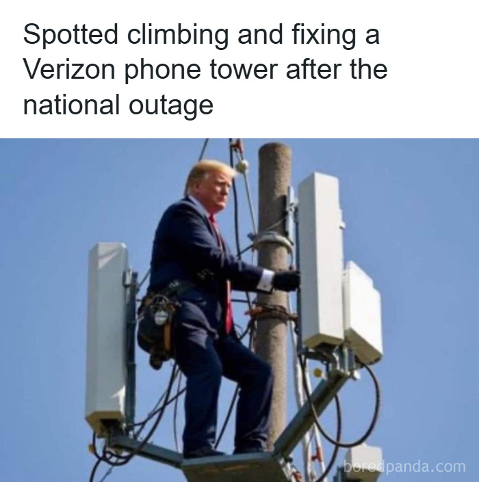 Man in a suit climbing a phone tower, illustrating a facepalm moment showing absent basic logic and common sense.