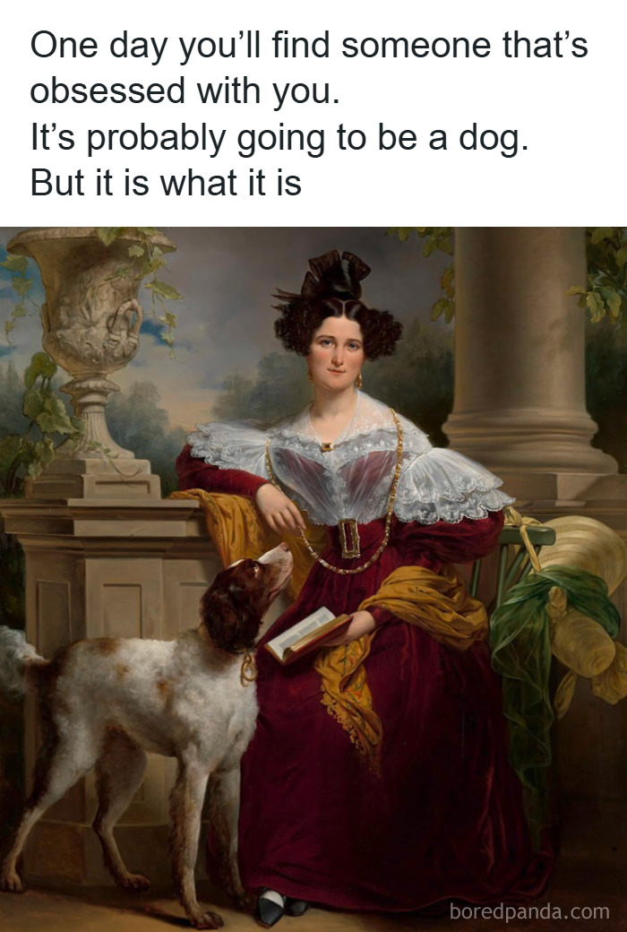 Classical painting of a woman in a burgundy dress with a dog beside her, humorously captioned as a funny meme.