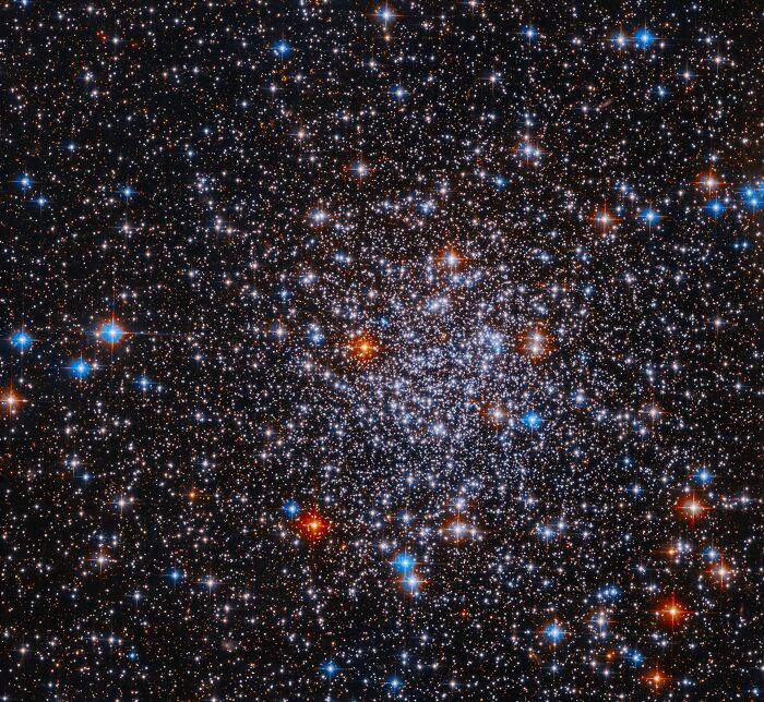 Epic astronomy photo of a dense star cluster with bright blue and orange stars showcasing the beauty and mystery of space.