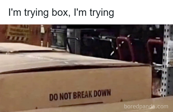 Large cardboard box in a warehouse with the text do not break down, relatable meme about coping with anxiety.