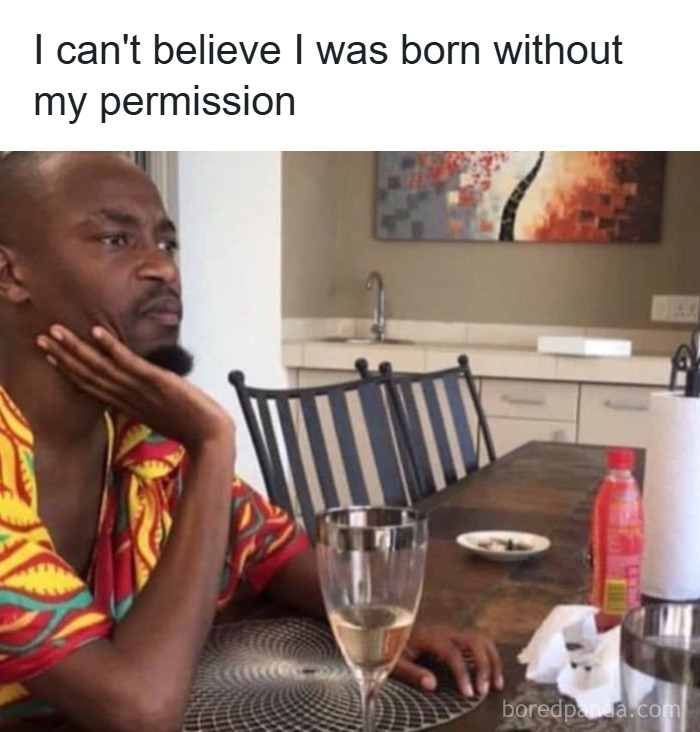 Man in colorful shirt sitting at kitchen table with a sarcastic expression, representing funny and relatable memes.