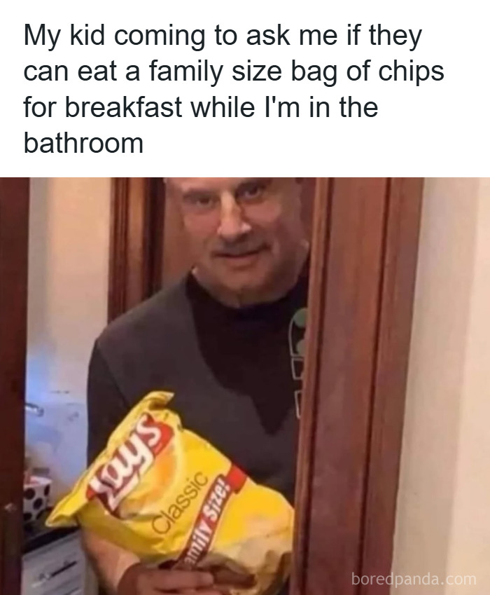 Parent holding a family size bag of chips while a kid asks for breakfast, illustrating parenting chaos and love.