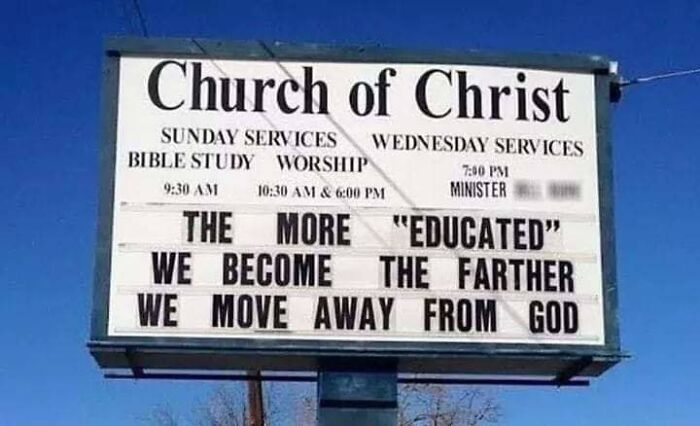 Church sign displaying a humorous message about education and faith, featured in a collection of church signs with jokes.