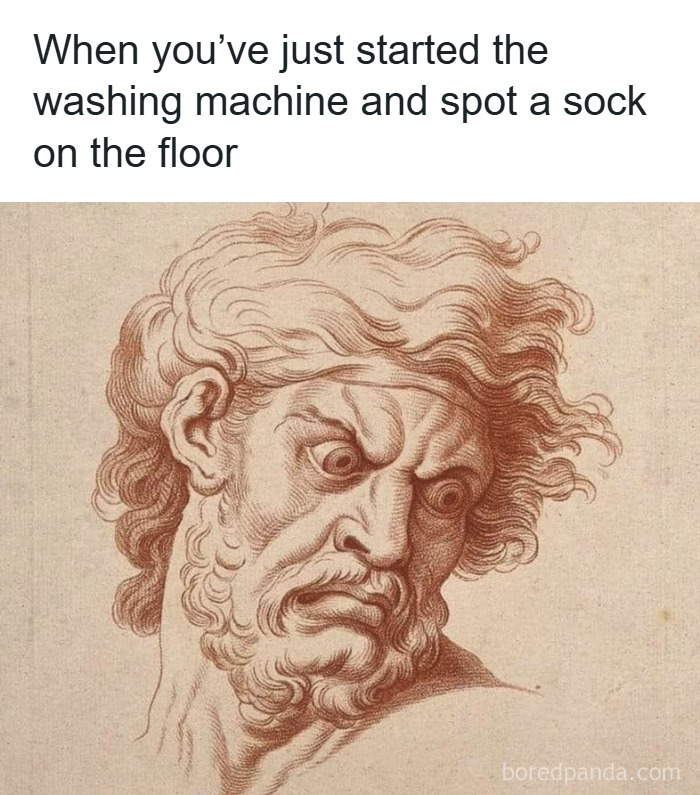 Classical painting of a man with a shocked expression, used in a funny meme about laundry and lost socks.
