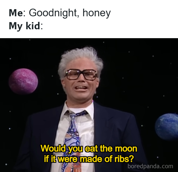 Parenting meme showing a man in glasses with a funny question, capturing relatable parenting humor and challenges.