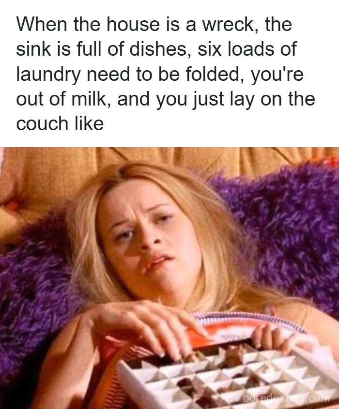 Tired woman lying on couch overwhelmed by household chores in relatable parenting meme about stress and exhaustion.