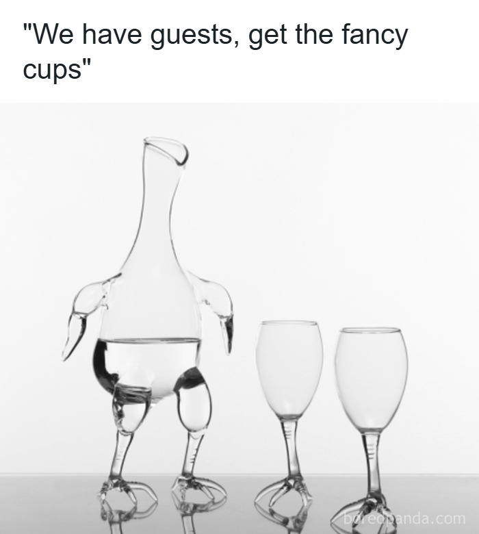 Glass decanter shaped like a bird with two matching wine glasses featuring feet, showcasing weird purchases people would make.