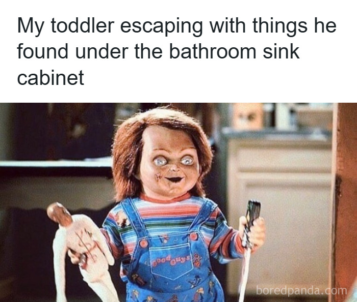Relatable parenting meme showing a creepy doll escaping with things found under the bathroom sink cabinet.