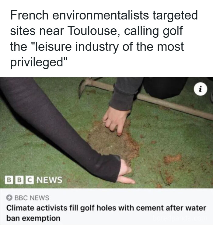 Climate activists filling golf holes with cement as chaotic good action to oppose water ban exemption.
