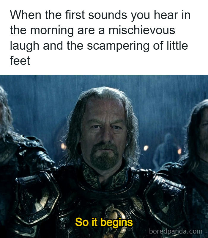 Mischievous laugh and little feet sounds in the morning with relatable parenting memes capturing daily chaos.