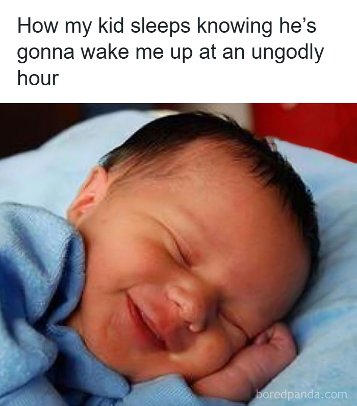 Smiling baby peacefully sleeping, illustrating relatable parenting memes about kids waking parents up early.