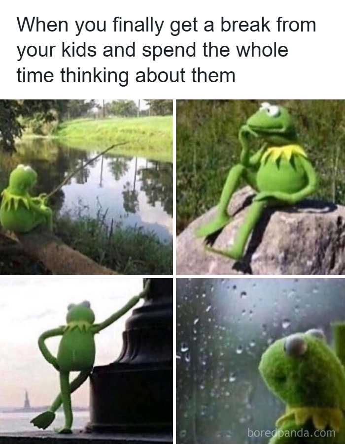 Kermit the Frog in relatable parenting memes showing thoughtful moments after a break from kids, capturing parenting emotions.