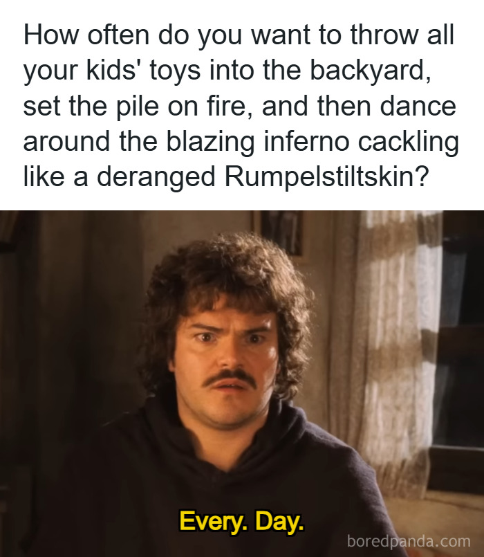 Man with curly hair expressing frustration about parenting in a relatable meme about kids' toys and daily challenges.