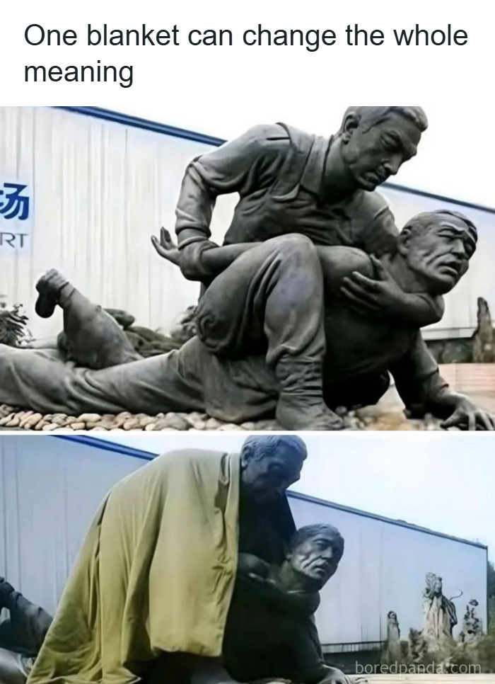 Accidental comedy with a statue scene changed by a blanket, creating a humorous visual effect outdoors.