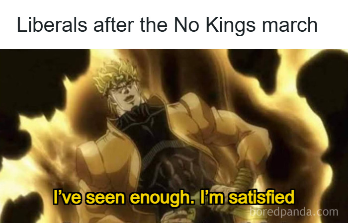 Animated character with a confident pose and flames in the background, illustrating dystopic society sentiment and tension.