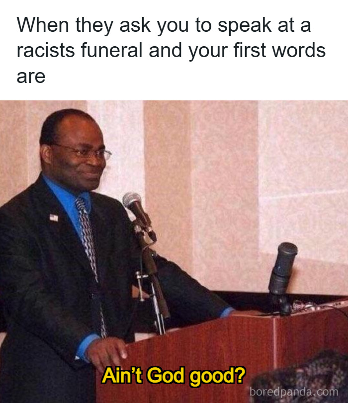 Man speaking at podium with caption about racism, illustrating a dystopic society and highlighting social tensions and irony.