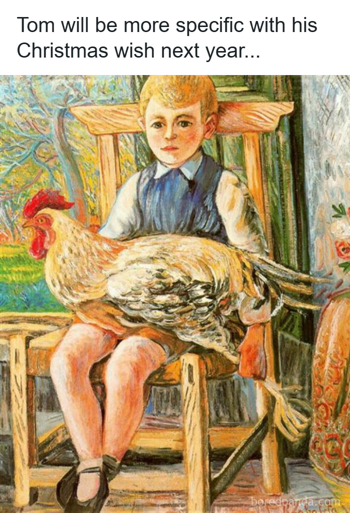 Boy sitting on a wooden chair holding a large chicken in a classical painting, captioned for funniest memes.