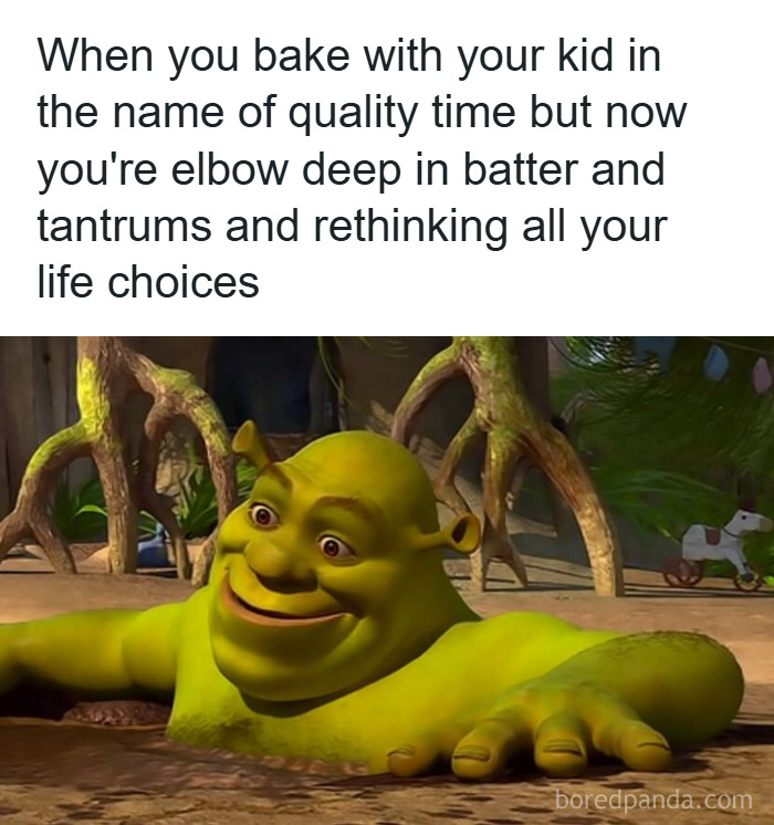 Relatable parenting meme showing Shrek stuck in mud, humorously capturing the chaos of baking with kids.
