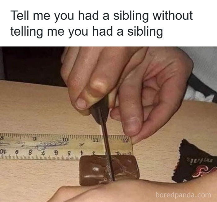 Hands carefully cutting a chocolate bar using a ruler, representing relatable parenting memes about sibling habits.