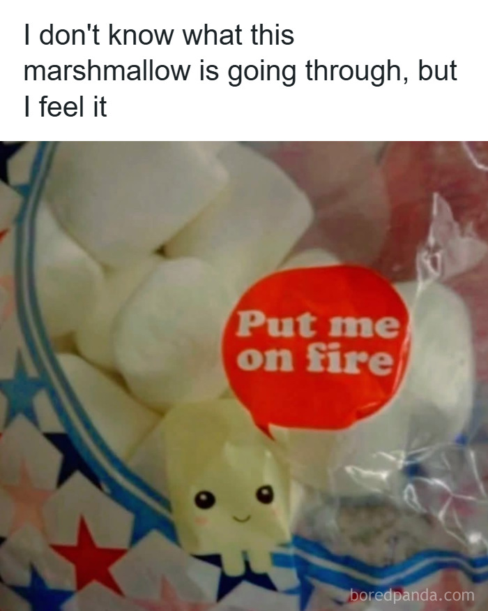 Marshmallows in a bag with a caption expressing relatable anxiety, illustrating coping with anxiety humorously.