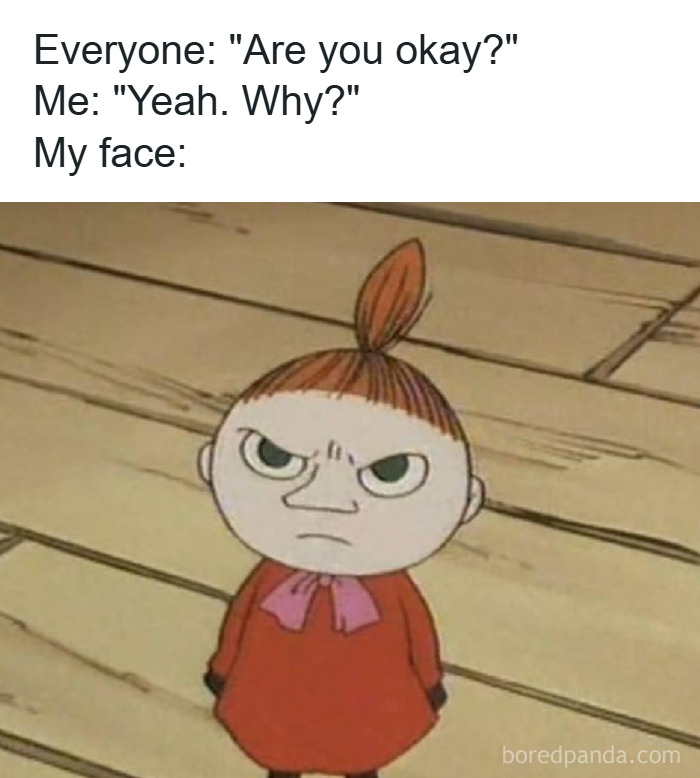 Cartoon character with an angry face illustrating relatable memes to help you cope with anxiety and mixed emotions.