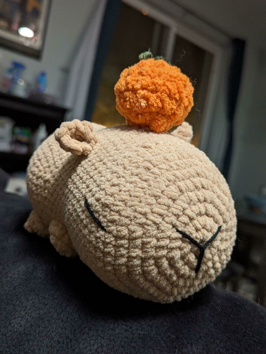 Crochet animal with sleepy eyes and an orange pumpkin on its head, showcasing unique personality and charm.