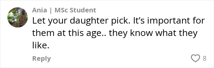 Comment on mom venting about daughter getting bullied for clothes, highlighting support from clothing brands.