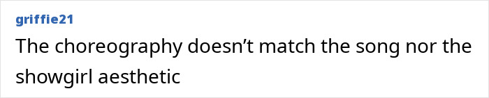 Comment text on a white background discussing choreography and showgirl aesthetic related to a music video.