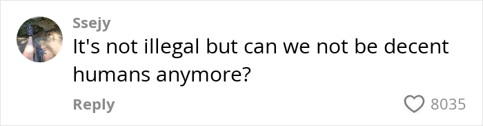 Comment reading It's not illegal but can we not be decent humans anymore with 8,035 likes, related to viral video of strangers sleeping on cruise balcony heated debate.