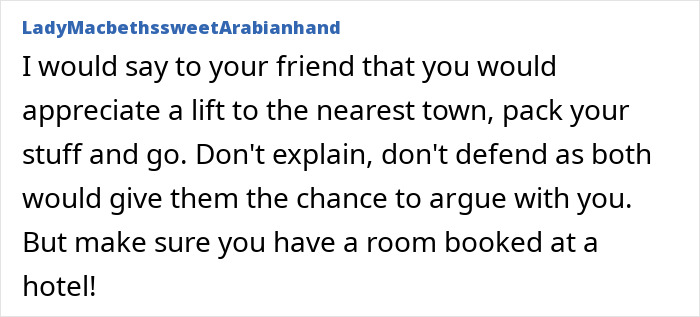 Alt text: Advice from a forum user on how a lady visiting abroad should escape her friend&rsquo;s intoxicated partner&rsquo;s serenade in bed.