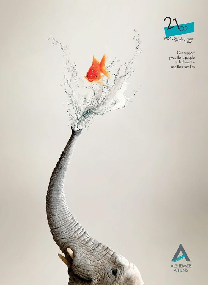Elephant trunk spraying water shaped like a goldfish, creative ad campaign for Alzheimer Athens on dementia support.