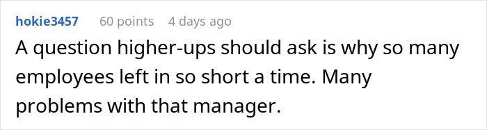 Comment from user hokie3457 discussing why many employees left quickly, highlighting issues with management and an easily replaceable employee losing a big client.
