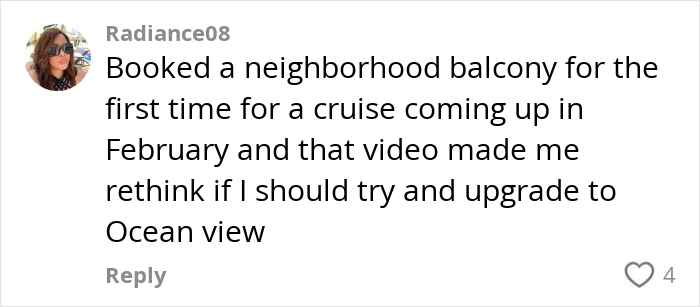 Comment about booking a neighborhood balcony for cruise after seeing viral video of strangers sleeping on cruise balcony.