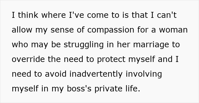 Text excerpt about avoiding involvement in boss's private life amid compassion, related to boss wife claim affair innocent worker.