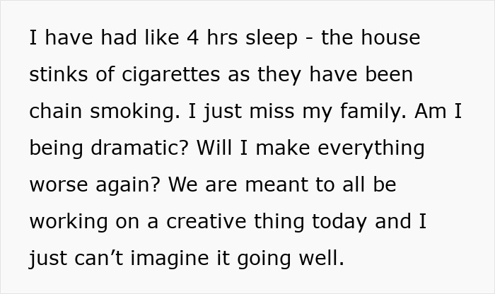 Woman visiting friend abroad looks worried in a dimly lit room as intoxicated partner serenades her in bed.