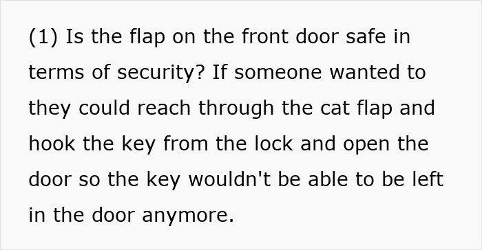 Text discussing the security risks of a cat flap allowing access to unlock the front door by reaching through it.
