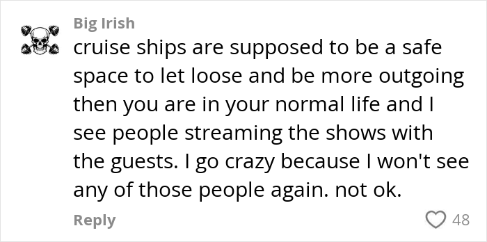 Comment from user Big Irish discussing how cruise ships are meant to be safe spaces, with frustration over strangers streaming shows.