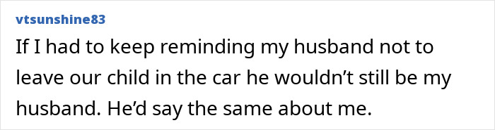 Screenshot of an online comment discussing a husband and child safety related to leaving a child in a car.